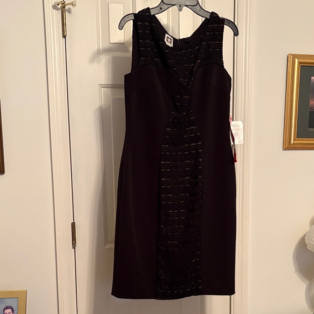 Anne Klein Elegant Sz 6P Black Pencil Dress with Lace Insert